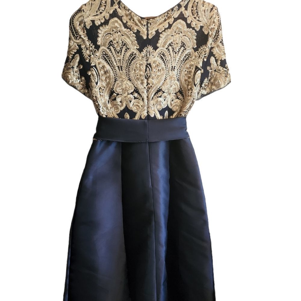 R&M Richards Blue and Gold Embellished Sequin Bow High Low Ball Gown Dress - Picture 5 of 12